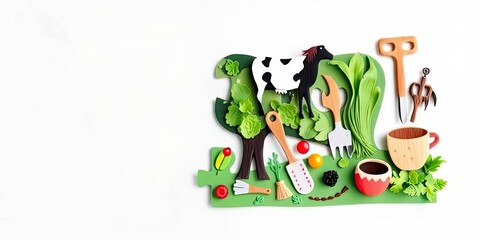 Charming Farm Scene Cow Gardening Tools Plants Coffee