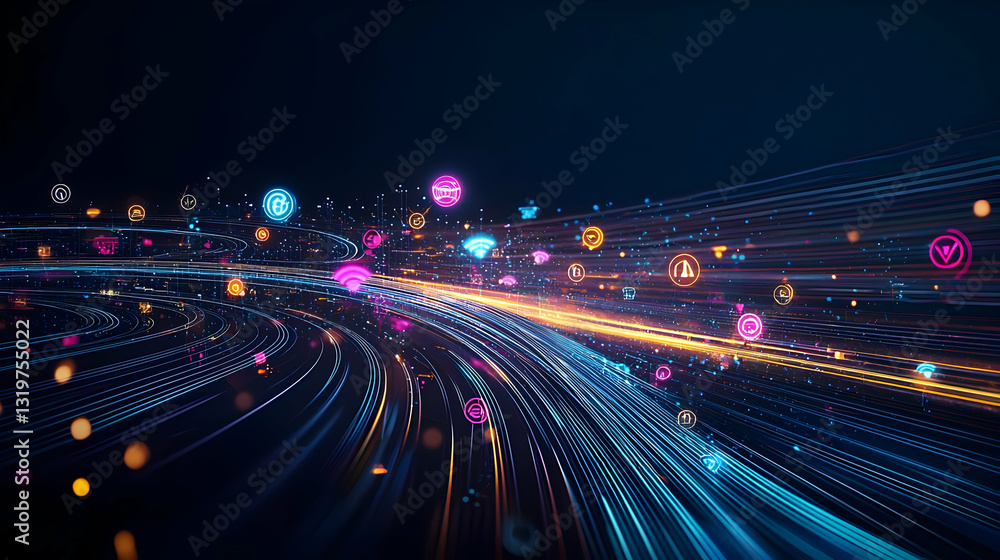 Poster abstract digital network visualization with blue and purple glowing particles and lines