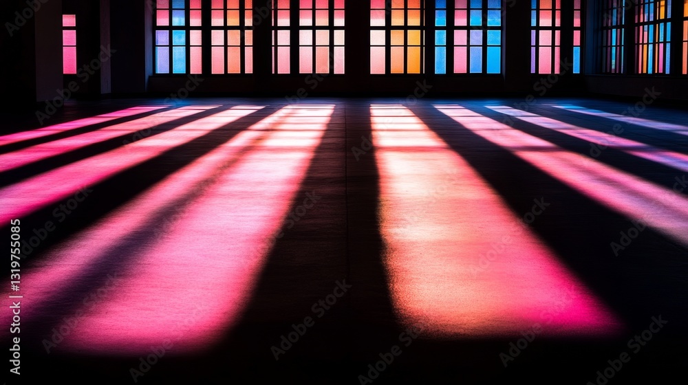 Poster vibrant shadows cast on a polished floor from colorful windows in an empty urban space