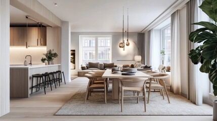 Fototapeta premium Soft neutral-toned dining room with a Scandinavian touch, ceramic tableware, and a cozy wool rug.