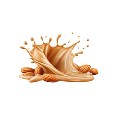 Almond nuts are splashing amid a creamy liquid, creating dynamic visuals with a smooth texture on a transparent background.