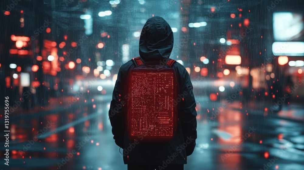 Poster back view of young hacker standing on abstract city circuit background. hacking and phishing concept