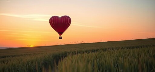 Fototapeta premium Heart Shaped Hot Air Balloon Sunset Over Wheat Field