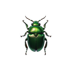 A striking green beetle with a shiny metallic finish is centered against a transparent backdrop, highlighting its unique features and texture.