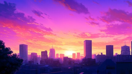 Fototapeta premium Vibrant sunset over a city skyline, casting colorful hues across buildings and rooftops