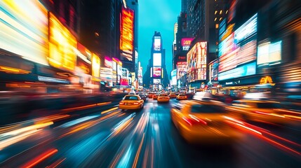 A vibrant city street with speeding yellow taxis at night