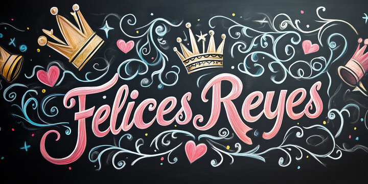 "Felices Reyes" text in pink and white cursive with golden crowns and hearts on a chalkboard, celebrating Three Kings' Day and Spanish holiday traditions.