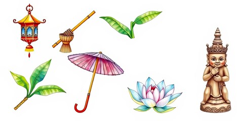 Naklejka premium Asian Culture Illustration Lantern Umbrella Lotus Statue Leaves