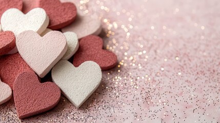 Obraz premium Pile of hearts with a pink background. The hearts are made of foam and are arranged in a way that they look like they are hugging each other. The pink background adds a romantic