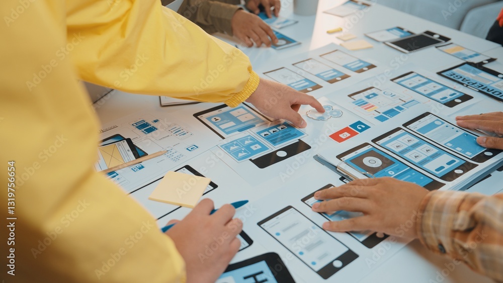 Poster a dynamic team collaborates on user interface design in a modern workspace. hands reach for digital 