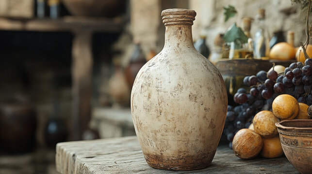 In ancient Roman times, the wine contained in Clay Vessels, historical, illustrated, very detailed, and super realistic.