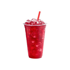 A tall red plastic cup is filled to the brim with a cold drink and ice cubes, showcasing a vibrant color and enticing appearance.