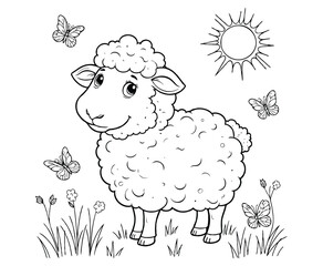 Fluffy Sheep in Sunny Field Coloring Page for kids