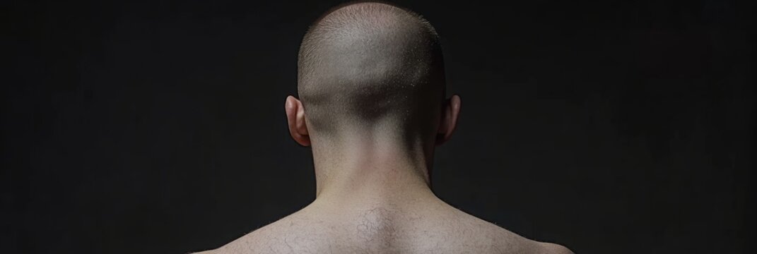 A man with a shaved head and a wet back. The man is looking at the camera. The image has a mood of loneliness and vulnerability