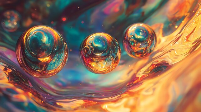 Three Colorful Spheres Floating In A Swirling Abstract Space