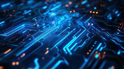 Creative blurry blue circuit wallpaper. Technology and computing concept. 3D Rendering.