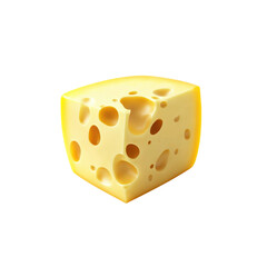 A vibrant yellow cheese block featuring characteristic holes is displayed on a seamless white background, emphasizing its texture and color.