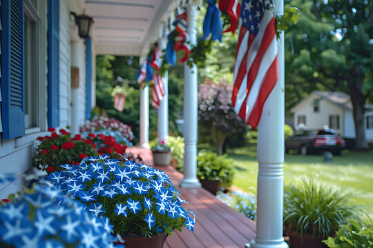 memorial day celebration, patriotic streamers adorning the porch, the scent of bbq wafting through the neighborhood, and meaningful talks about memorial day service members