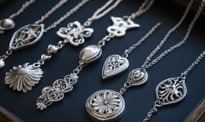 Unique silver pendants displayed on chains
