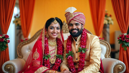 Obraz premium Happy Indian wedding couple sitting together on mandap - portrait photography