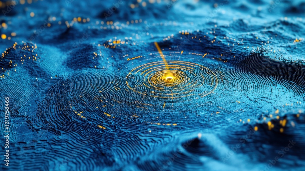 Fototapete Abstract radar map interface on blue backdrop. Spy and cyber terrorism concept. 3D Rendering