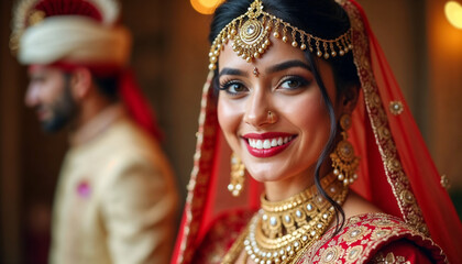 Obraz premium indian bride looking to the camera - smiling of joy - the groom is on the background partly blurred - portrait photography