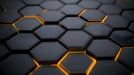Dark Abstract Hexagonal Pattern Illuminated With Glowing Orange Light On A Glossy Reflective Surface