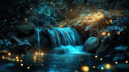 Serene nocturnal digital landscape with glowing waterfall stars. Nocturnal. Illustration