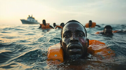 migrants sauvetage dans l'eau en mer. IA GENERATED