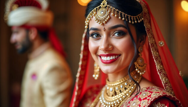 indian bride looking to the camera - smiling of joy - the groom is on the background partly blurred - portrait photography