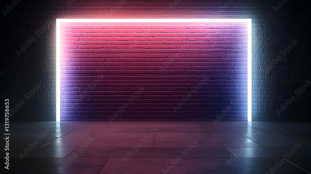 Poster illuminated neon square frame against brick wall creating a futuristic abstract design with gradient