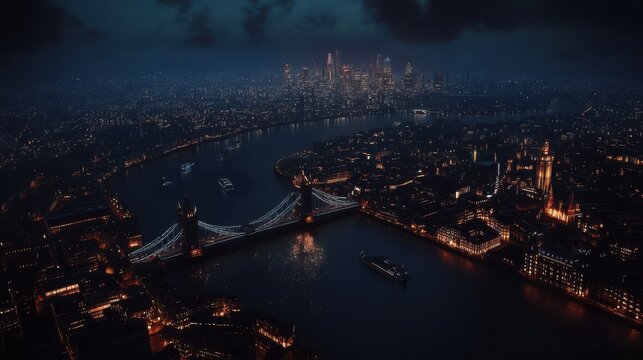 London at night with urban architectures and Tower Bridge