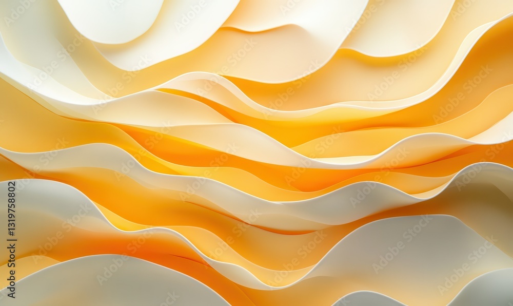 Poster artistic abstract waves blending soft orange and yellow tones, illuminated by gradient lighting crea