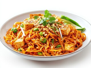 Delicious vegan pad thai with tofu on white background