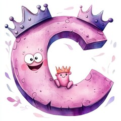 Cute watercolor letter C illustration with a playful crown