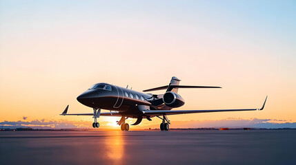 Naklejka premium Luxury Private Jet On Airport Runway During Golden Hour Sunset Preparing For Takeoff Or After Landing