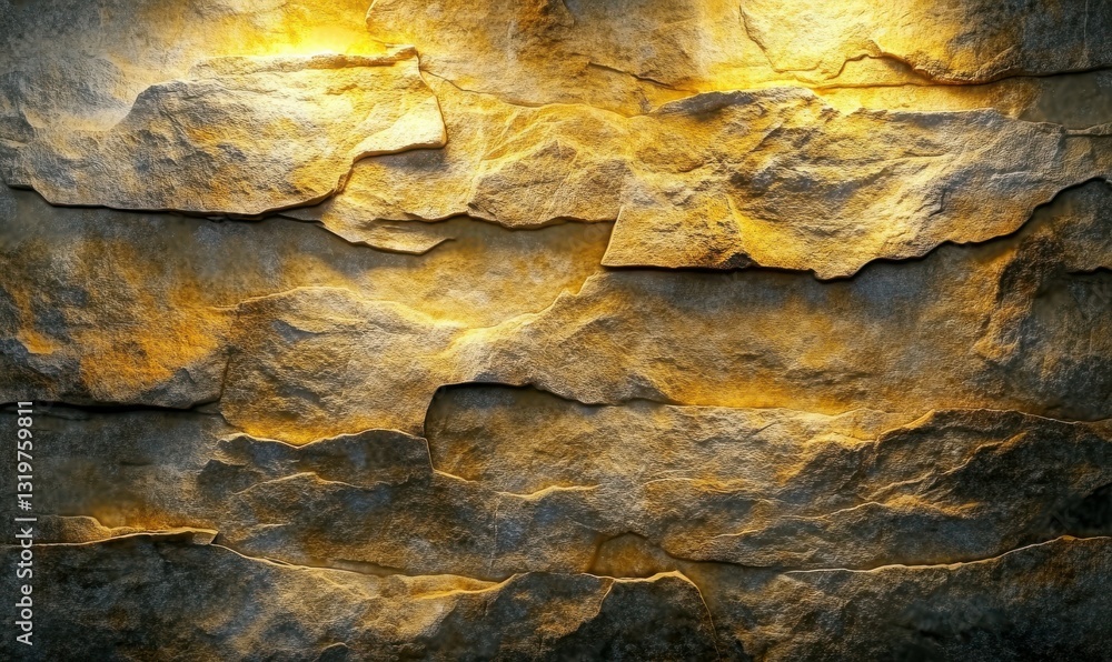 Poster close-up of intricate stone wall textures illuminated by soft ambient light emphasizing depth and na