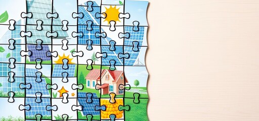Fototapeta premium Green Energy Puzzle Solar Panels Home Nature Renewable Energy Sustainability