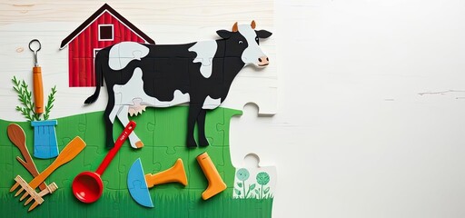 Fototapeta premium Farm Animal Puzzle Cow Barn Tools Kids Educational Toy