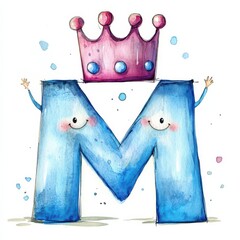 Watercolor M with a cute crown and smiling features
