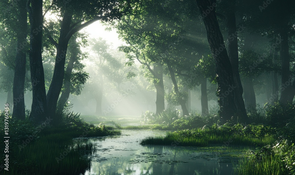 Poster dense fog rolling through a mystical forest, soft light filtering through tall trees, creating a moo