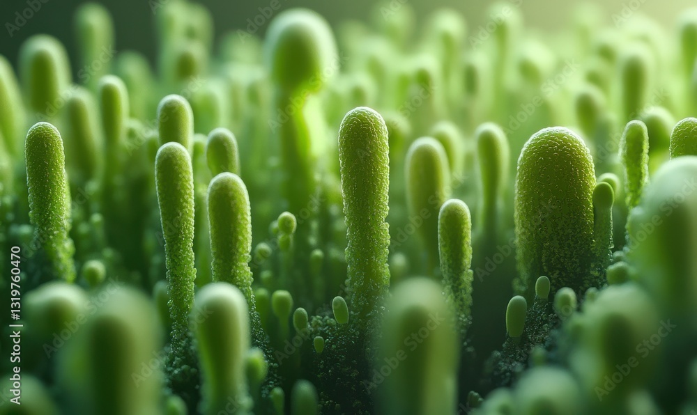 Poster dense rows of vibrant green moss spores illuminated by natural light creating a dynamic and intricat