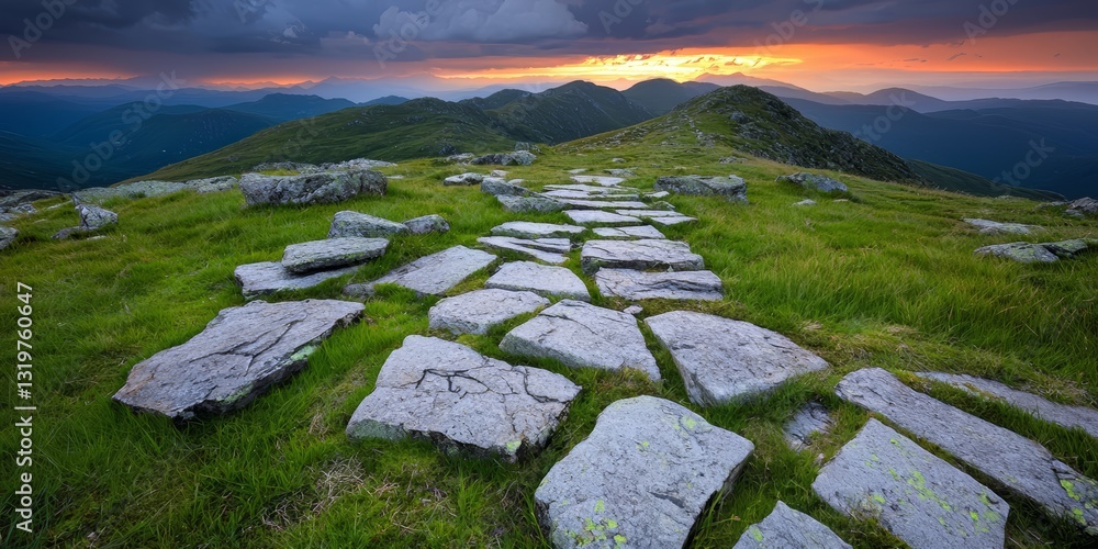 Poster rocky field with a path leading up to a mountain. the sky is orange and the sun is setting