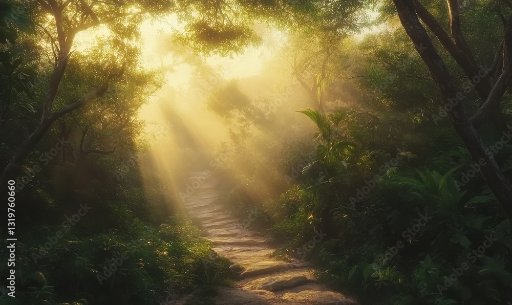 Poster dreamy forest pathway with soft mist and golden rays filtering through dense trees, creating an ethe