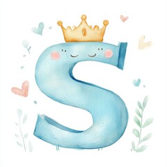 Watercolor illustration of letter S adorned with a crown