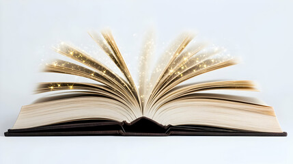 Fototapeta premium Open Antique Book With Golden Pages Turning and Sparkling With Magic On White Background