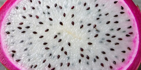 Brightly colored dragon fruit sliced open revealing its unique white flesh and black seeds