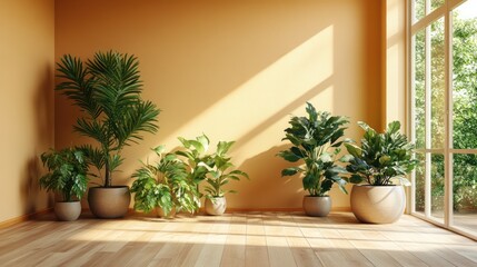 Sunny corner room with potted plants