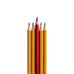 Set of Pencils with One Red Pencil in the Middle Isolated on Transparent Background.