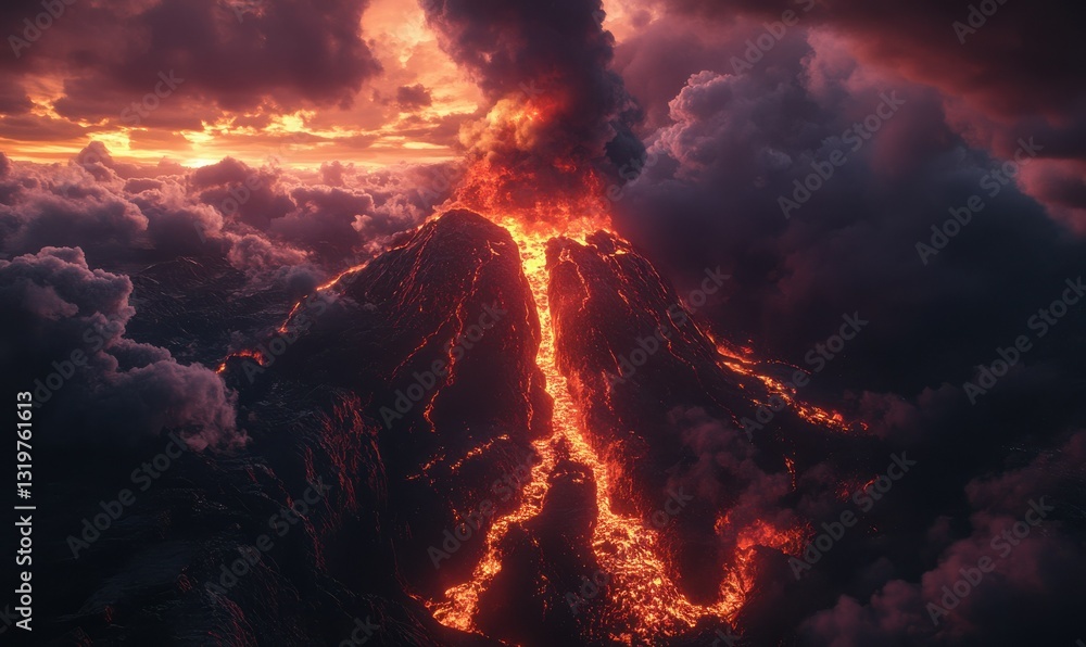 Poster exploding volcano with fiery red lava flowing down its sides, surrounded by dramatic clouds and glow